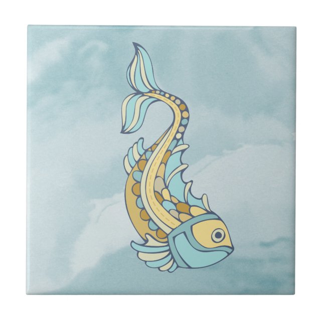 Azulejo De Cerâmica Mosaico Azul de Arte do Peixe Náutico (Frente)