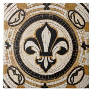 Azulejo De Cerâmica Mosaico branco preto e Dourado Fleur de Lis Faux