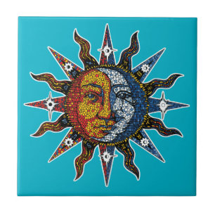 Azulejo De Cerâmica Mosaico celestial Sun e lua