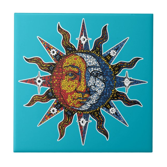 Azulejo De Cerâmica Mosaico celestial Sun e lua (Frente)