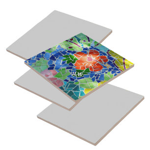 Azulejo De Cerâmica Mosaico Colorido Verde Koi e Flor Vermelho