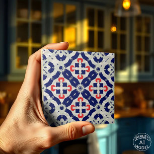 Azulejo De Cerâmica Mosaico Cruz Vibrante em Azul Marinho, Vermelho e 