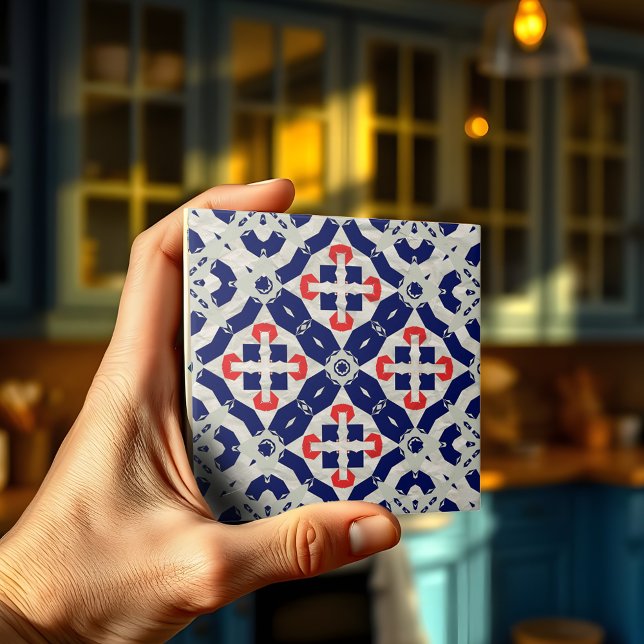 Azulejo De Cerâmica Mosaico Cruzado Vibrante em Azul Marinho, Vermelho (Criador carregado)