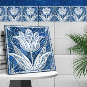 Azulejo De Cerâmica Mosaico de flor de tulipa - Mármore azul e pérolas