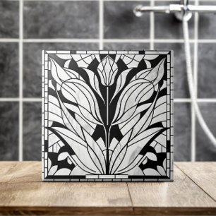 Azulejo De Cerâmica Mosaico de flor de tulipa - Mármore preto e branco