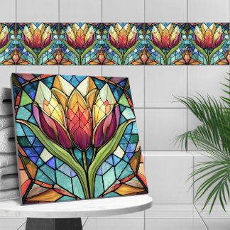 Azulejo De Cerâmica Mosaico de vidro colorido com flor de tulipa