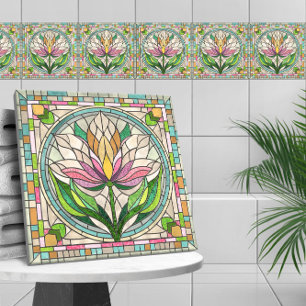 Azulejo De Cerâmica Mosaico de vidro colorido com flor de tulipa