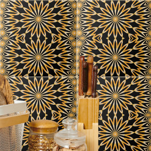 Azulejo De Cerâmica Mosaico do Caleidoscópio, negro e Dourado