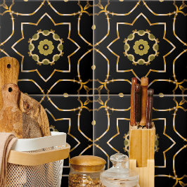 Azulejo De Cerâmica Mosaico Dourado e Preto Elegante Filigree Sparkly