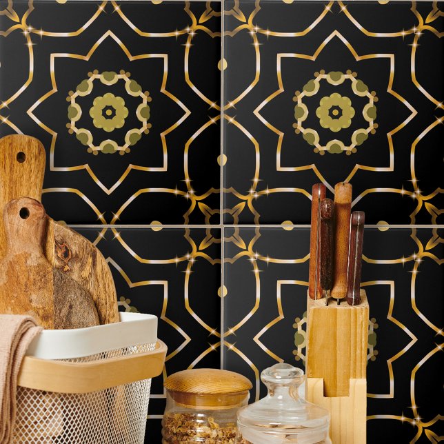 Azulejo De Cerâmica Mosaico Dourado e Preto Elegante Filigree Sparkly  (Criador carregado)