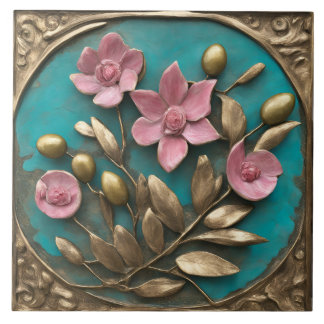 Azulejo De Cerâmica Mosaico Elegante Dourado e Rosa