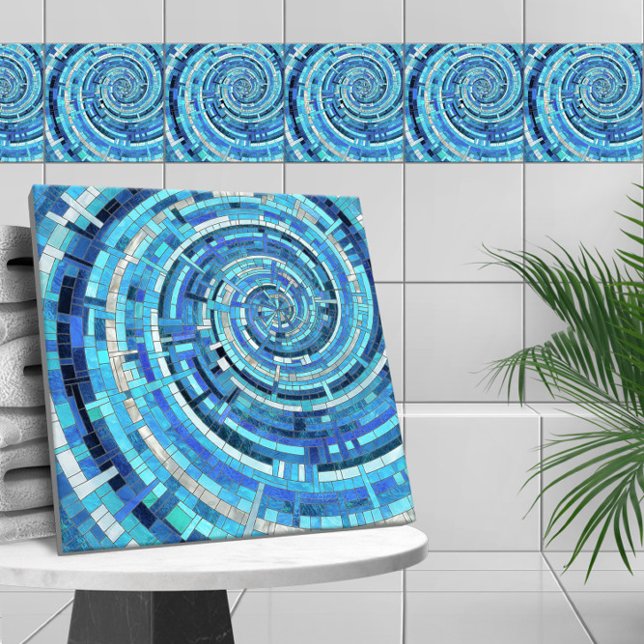 Azulejo De Cerâmica Mosaico espiral de onda azul (Criador carregado)