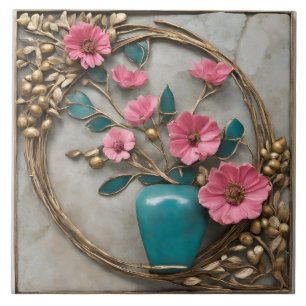 Azulejo De Cerâmica Mosaico Floral Elegante com Turquesa Vase