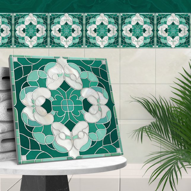 Azulejo De Cerâmica Mosaico Flourish Marble Ornament Verde e Branco (Criador carregado)