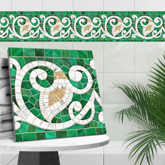 Azulejo De Cerâmica Mosaico Flourish Marble Ornament Verde e Branco (Criador carregado)
