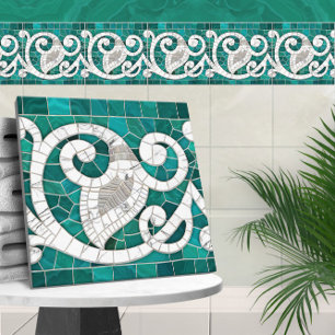Azulejo De Cerâmica Mosaico Flourish Marble Ornament Verde e Branco