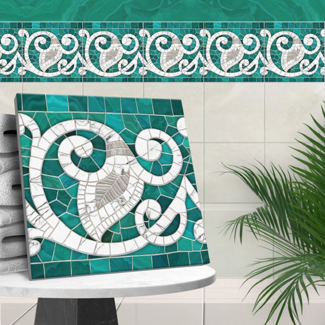 Azulejo De Cerâmica Mosaico Flourish Marble Ornament Verde e Branco (Criador carregado)