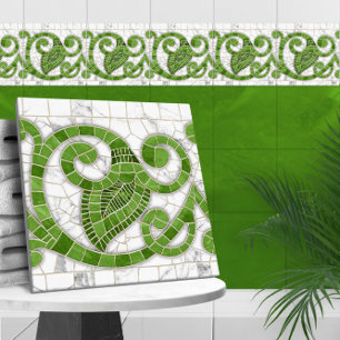 Azulejo De Cerâmica Mosaico Flourish Marble Ornament Verde e Branco