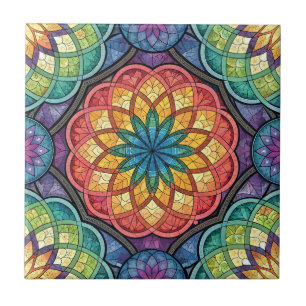 Azulejo De Cerâmica Mosaico Mandala Arco-Íris Radiante – Vidro Fosco
