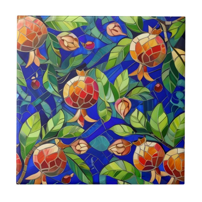 Azulejo De Cerâmica Mosaico Pomegranato Azul Escuro e Fruta Vermelha (Frente)