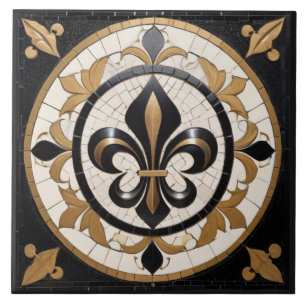 Azulejo De Cerâmica Mosaico Preto Branco e Dourado Fleur de Lis Faux