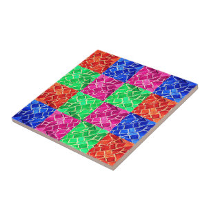 Azulejo De Cerâmica Mosaico Rosa, Azul, Verde e Laranja - Único