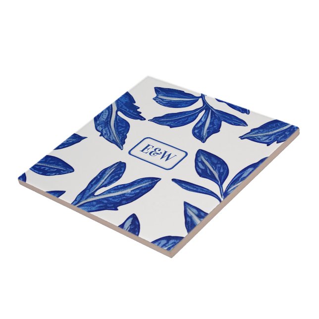 Azulejo De Cerâmica Motif Folha Azul em Branco para Casal - Tradiciona (Lateral)