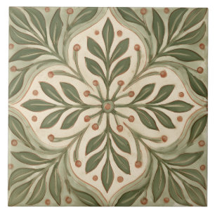 Azulejo De Cerâmica Motivo de Cruz Floral com Ramo de Oliveira Vintage