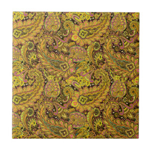 Azulejo De Cerâmica Motivo Paisley em Amarelo, Marrom sobre Fundo Pret
