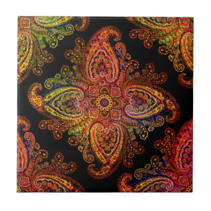 Azulejo De Cerâmica Motivo Paisley Multicolorido em Preto 02
