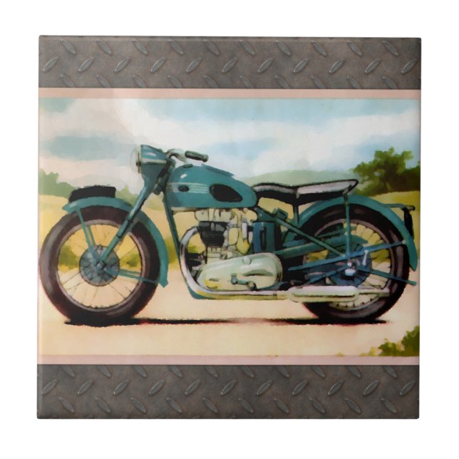 Azulejo De Cerâmica Motocicleta do vintage da aguarela (Frente)