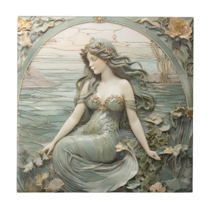 Azulejo De Cerâmica Mucha inspo Mermaid Art Nouveau Faux Alivio L Mint