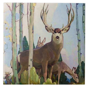 Azulejo De Cerâmica “Mule Deer Buck e Doe” por W Herbert Dunton