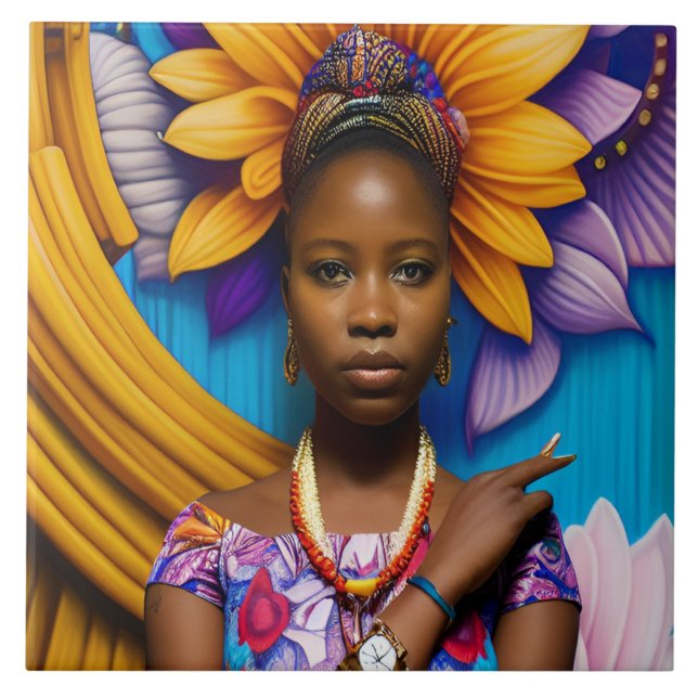 Azulejo De Cerâmica Mulher africana linda com um relógio (Frente)