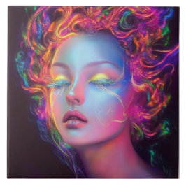 Azulejo De Cerâmica Mulher alienígena com cabelo cósmico