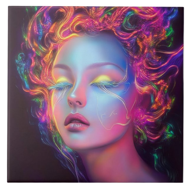 Azulejo De Cerâmica Mulher alienígena com cabelo cósmico (Frente)