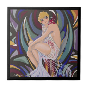 Azulejo De Cerâmica Mulher Art Déco Vintage com Cortinas por S. Chompr