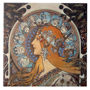 Azulejo De Cerâmica Mulher Art Nouveau Mucha Antigo Pôster Zodíaco Fra