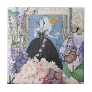 Azulejo De Cerâmica Mulher Azul Elegante Vestido Floral Chique