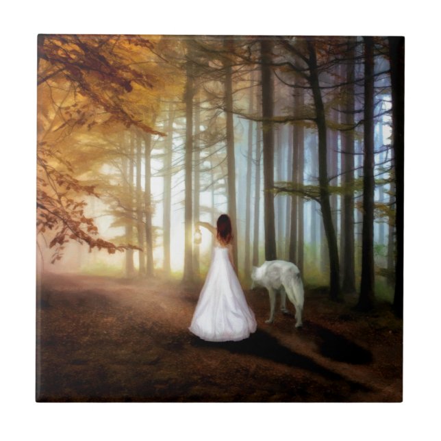 Azulejo De Cerâmica Mulher caminhando com um lobo (Frente)