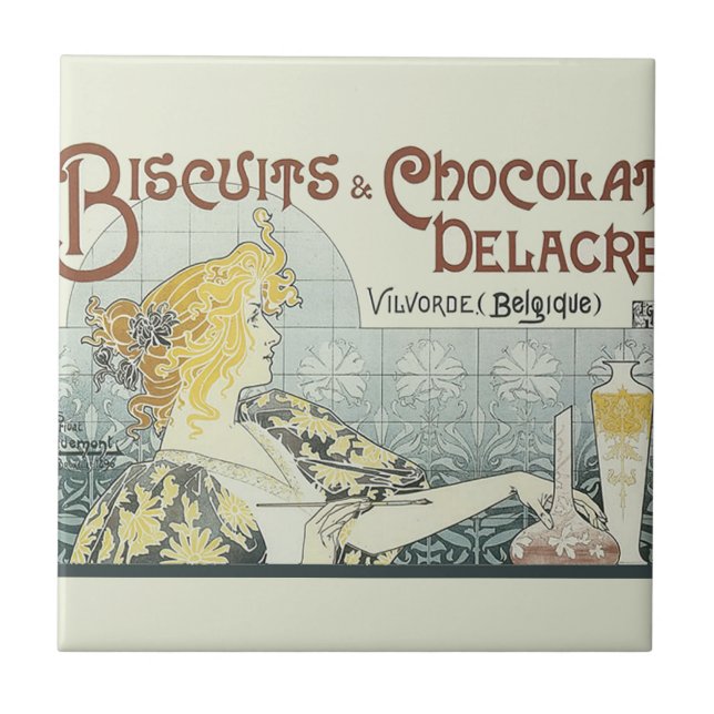 Azulejo De Cerâmica Mulher Chocolate Art Nouveau (Frente)