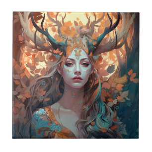 Azulejo De Cerâmica Mulher com Antlers Fantasy Art