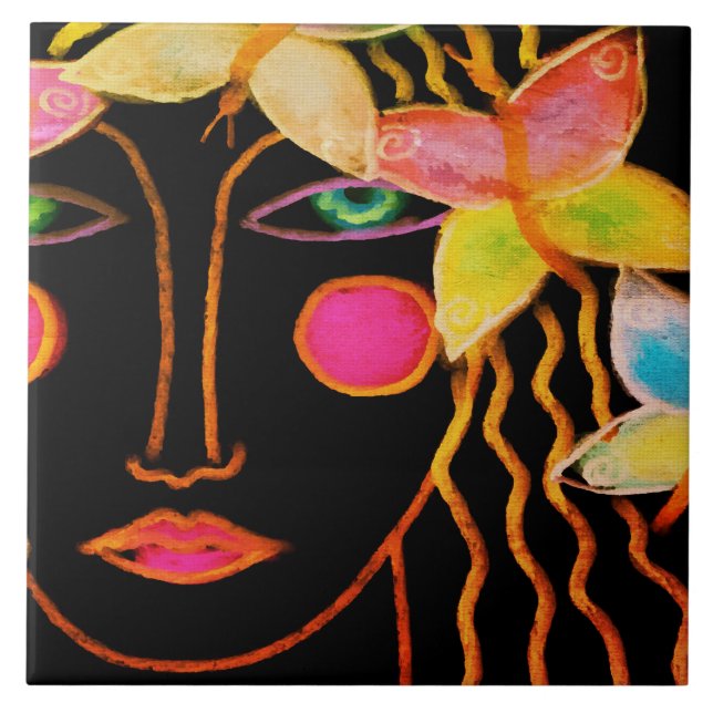 Azulejo De Cerâmica Mulher com Borboletas Abstrato Art (Frente)