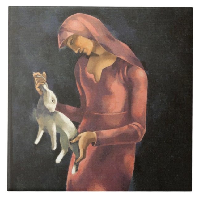 Azulejo De Cerâmica Mulher com coelho (Frente)