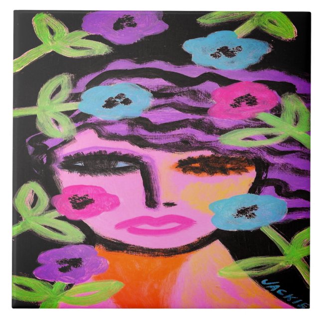Azulejo De Cerâmica Mulher com Flores Abstrato Retrato (Frente)