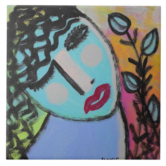 Azulejo De Cerâmica Mulher com Flores Abstrato Retrato (Frente)