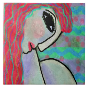 Azulejo De Cerâmica Mulher com pintura digital Abstrato de cabelo verm