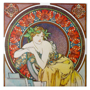 Azulejo De Cerâmica Mulher com Poppy, Mucha