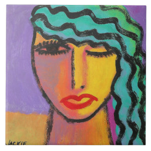 Azulejo De Cerâmica Mulher com Retrato Abstrato de Cabelo Turquesa
