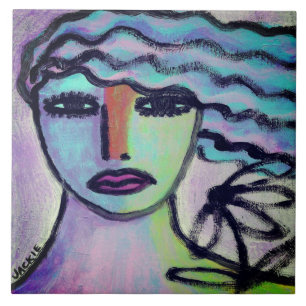 Azulejo De Cerâmica Mulher com Retrato Abstrato de Flor